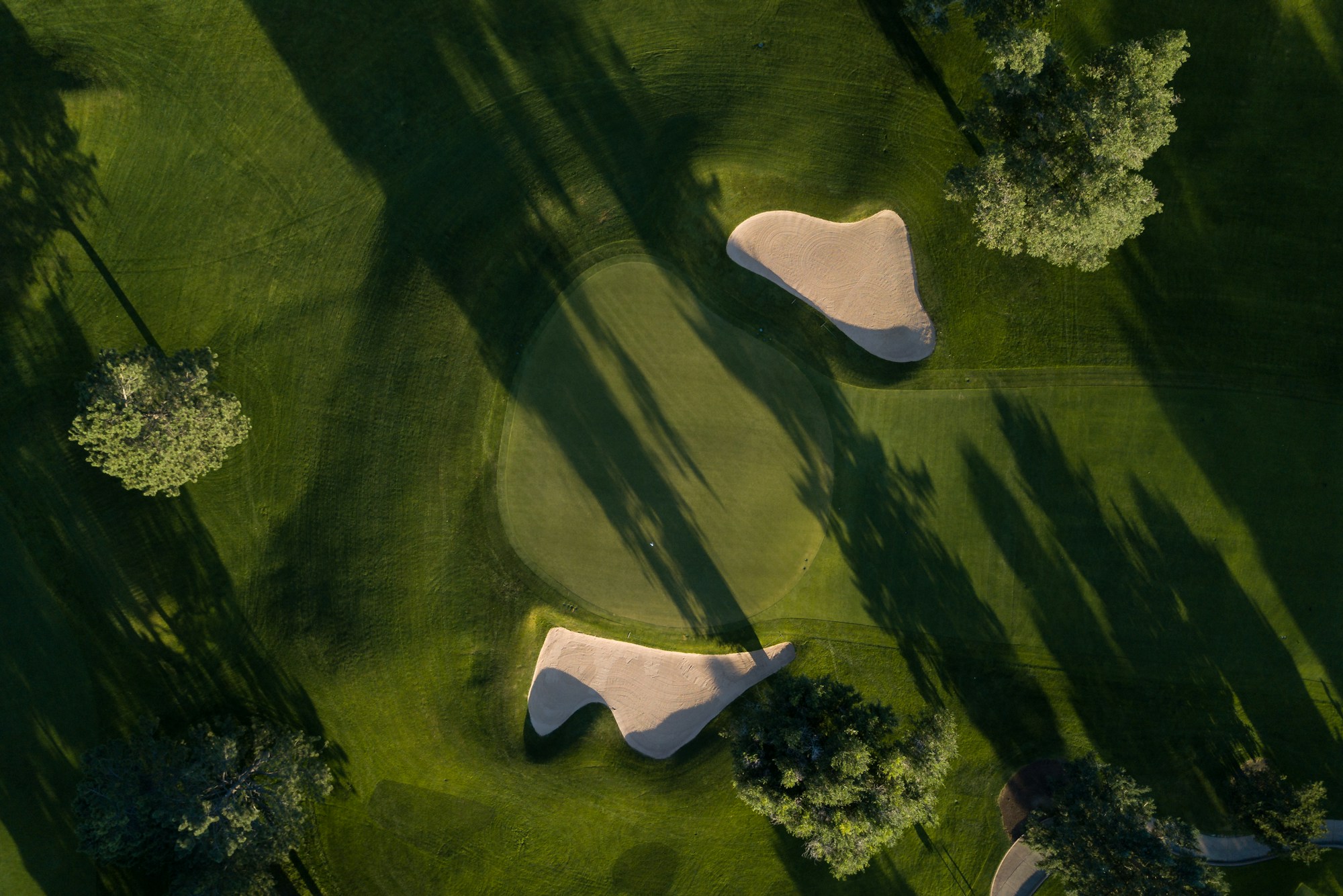 An aerial view of a golf green, surrounded by sculpted bunkers and long afternoon shadows